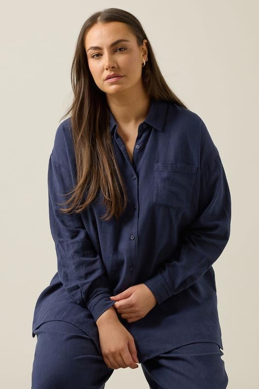 Evans EVANS Curve Navy Blue Long Sleeve Premium Linen Shirt