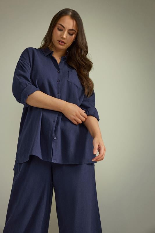 evans EVANS Curve Navy Blue Long Sleeve Premium Linen Shirt