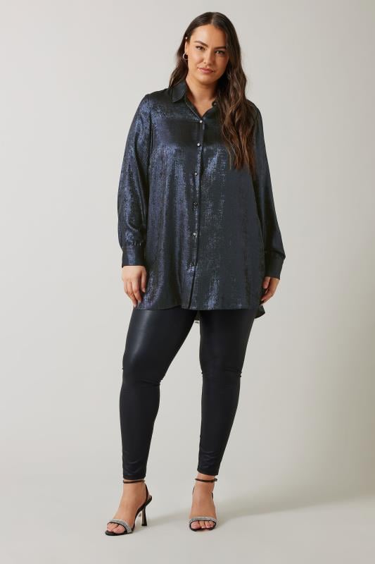 Evans EVANS Curve Navy Blue Metallic Long Sleeve Shirt