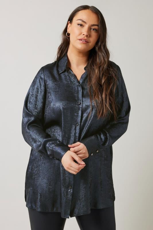 evans EVANS Curve Navy Blue Metallic Long Sleeve Shirt