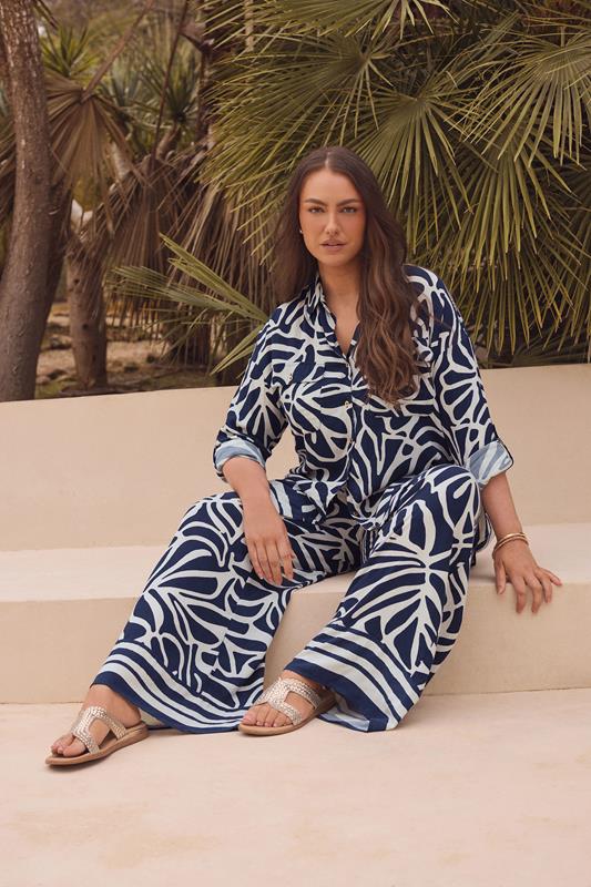 evans EVANS Curve Navy Blue Palm Border Print Trousers