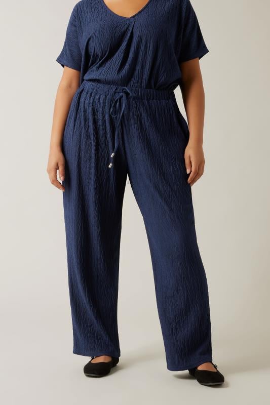 Evans EVANS Curve Navy Blue Plisse Wide Leg Trousers