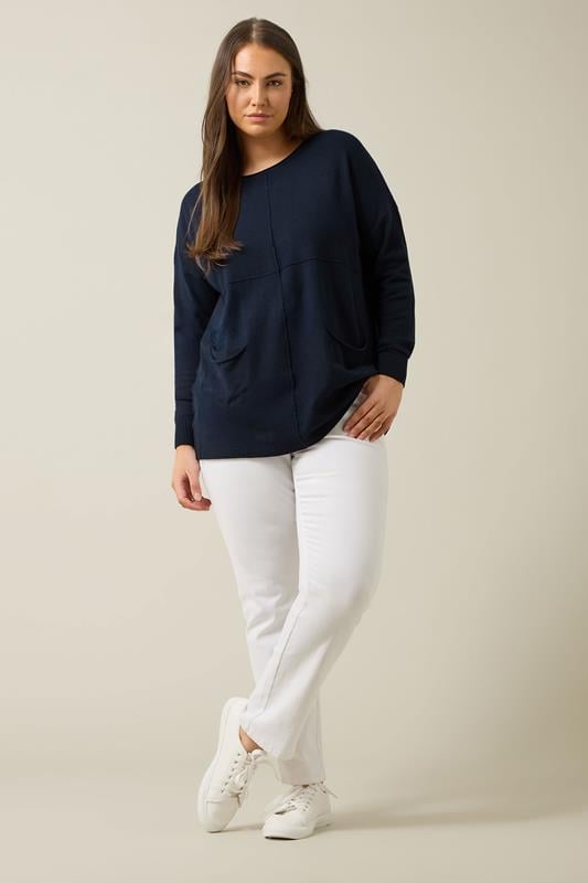 Evans EVANS Curve Navy Blue Pocket Front Knitted Jumper