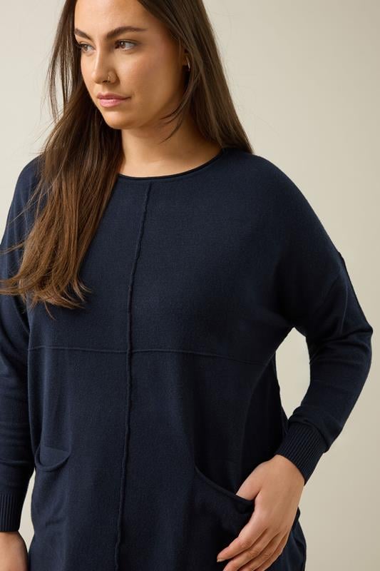 Evans EVANS Curve Navy Blue Pocket Front Knitted Jumper