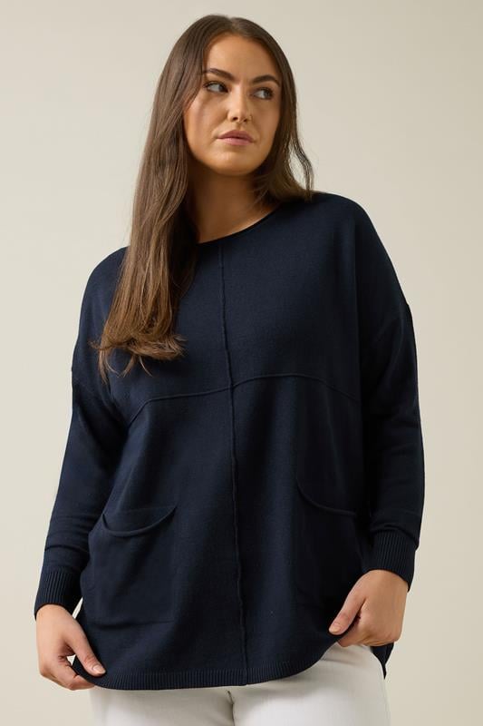 evans EVANS Curve Navy Blue Pocket Front Knitted Jumper