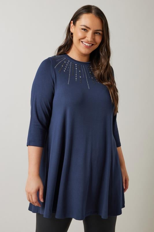 Evans EVANS Curve Navy Blue Sequin Embellished Longline Top