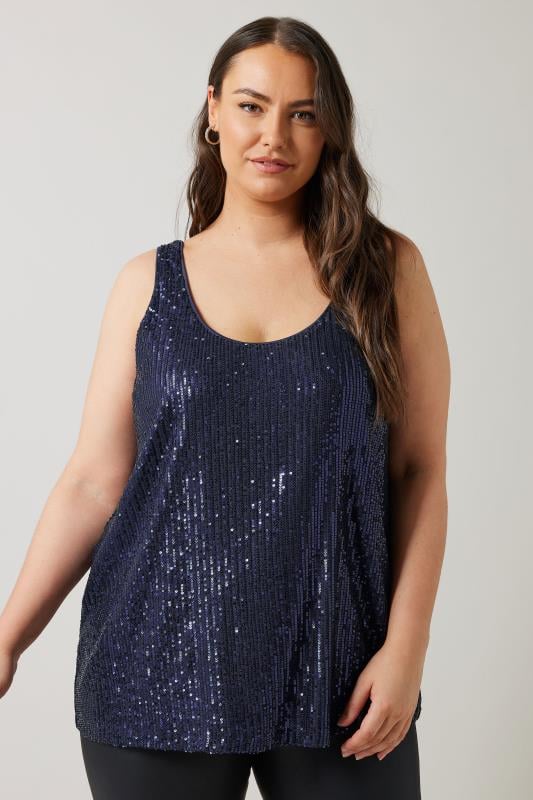 Evans EVANS Curve Navy Blue Sequin Embellished Vest Top