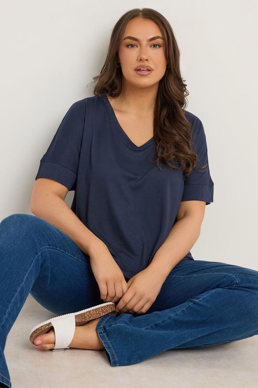 Evans EVANS Curve Navy Blue Short Sleeve Modal Rich T-Shirt