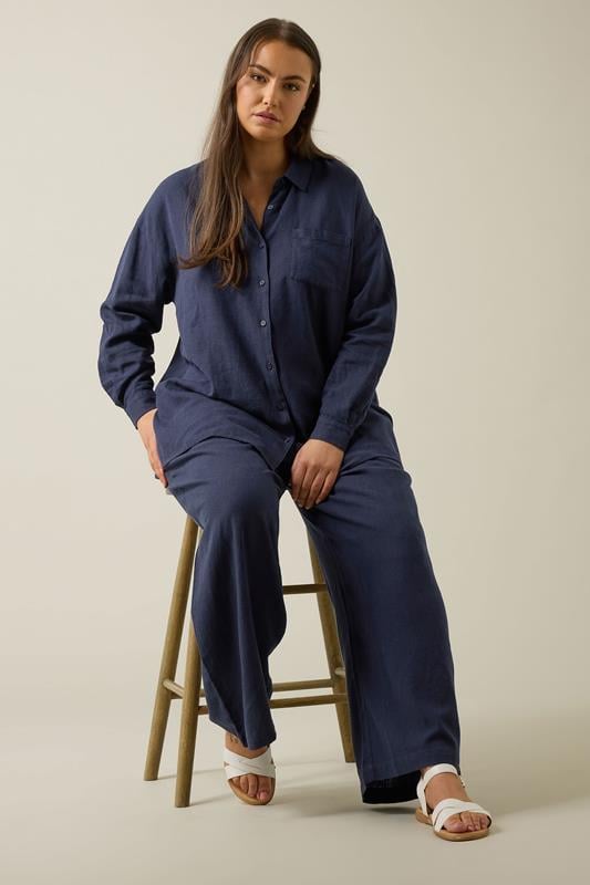 Evans EVANS Curve Navy Blue Wide Leg Premium Linen Trousers