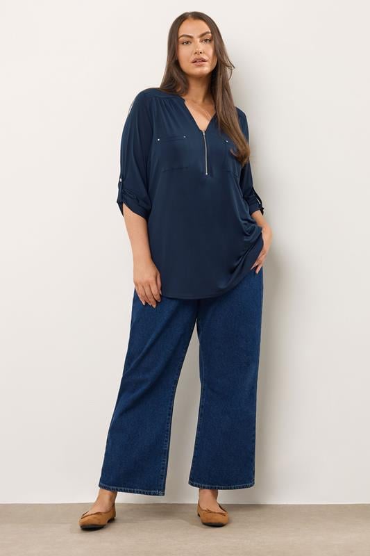 Evans EVANS Curve Navy Blue Zip Front Jersey Blouse