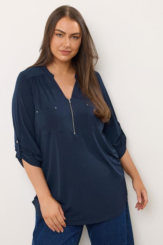 evans EVANS Curve Navy Blue Zip Front Jersey Blouse