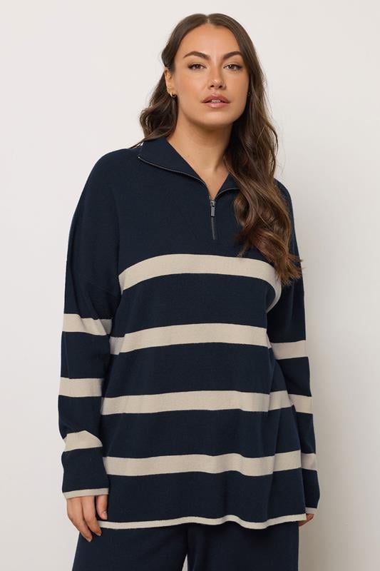 Evans EVANS Curve Navy & White Stripe Quarter Zip Jumper