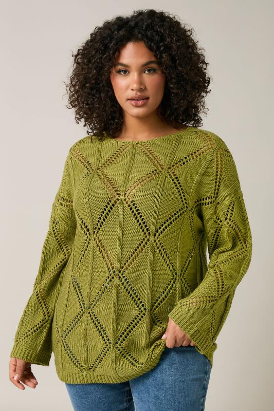 Evans EVANS Curve Olive Green Diamond Pointelle Jumper