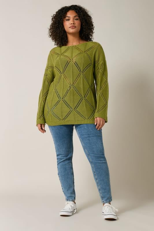 Evans EVANS Curve Olive Green Diamond Pointelle Jumper