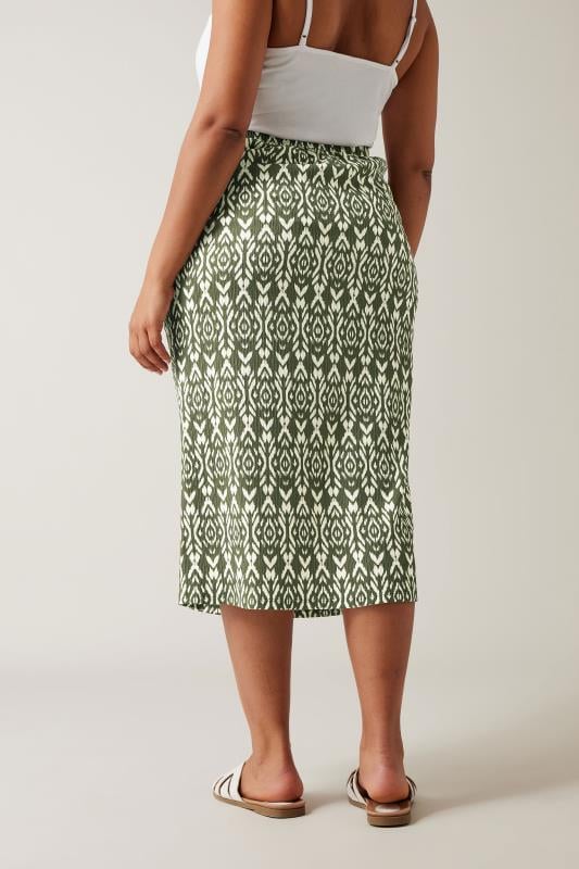 Evans EVANS Curve Olive Green Ikat Print Crinkle Midi Skirt