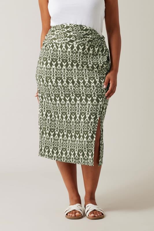 evans EVANS Curve Olive Green Ikat Print Crinkle Midi Skirt
