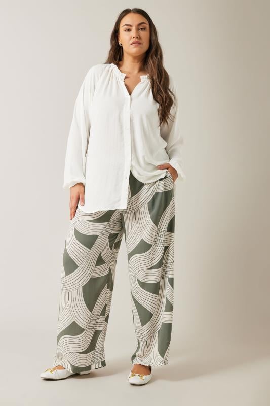 Evans EVANS Curve Olive Green Linear Print Wide Leg Trousers