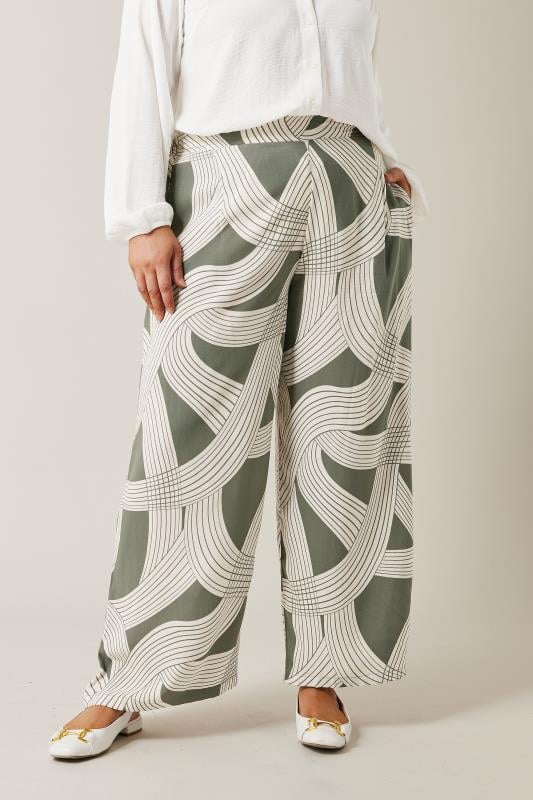 evans EVANS Curve Olive Green Linear Print Wide Leg Trousers