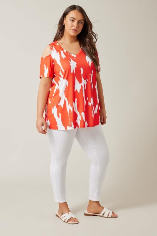 Evans EVANS Curve Orange Abstract Print Cold Shoulder Top