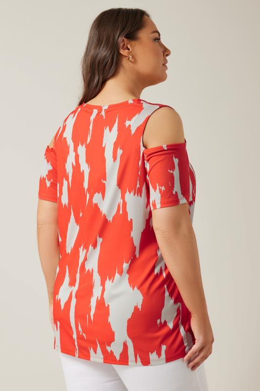 Evans EVANS Curve Orange Abstract Print Cold Shoulder Top