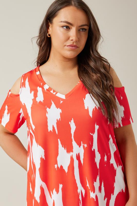 Evans EVANS Curve Orange Abstract Print Cold Shoulder Top