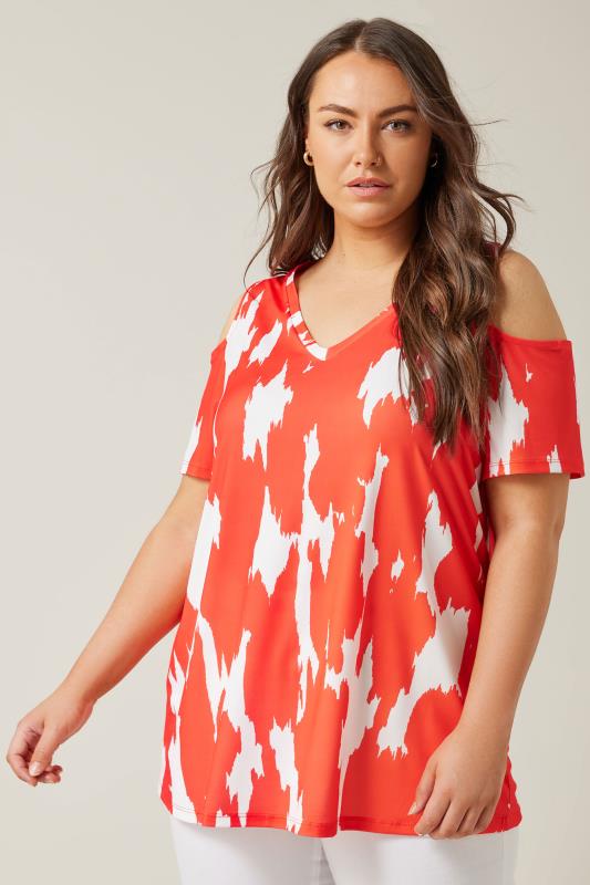 evans EVANS Curve Orange Abstract Print Cold Shoulder Top