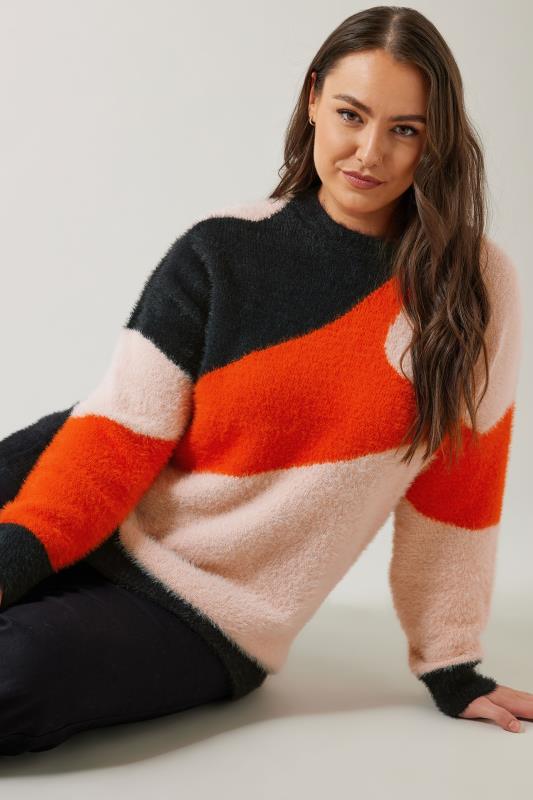 Evans EVANS Curve Orange Colourblock Fluffy Knitted Jumper