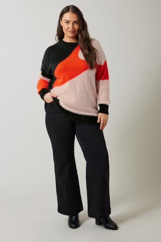 Evans EVANS Curve Orange Colourblock Fluffy Knitted Jumper