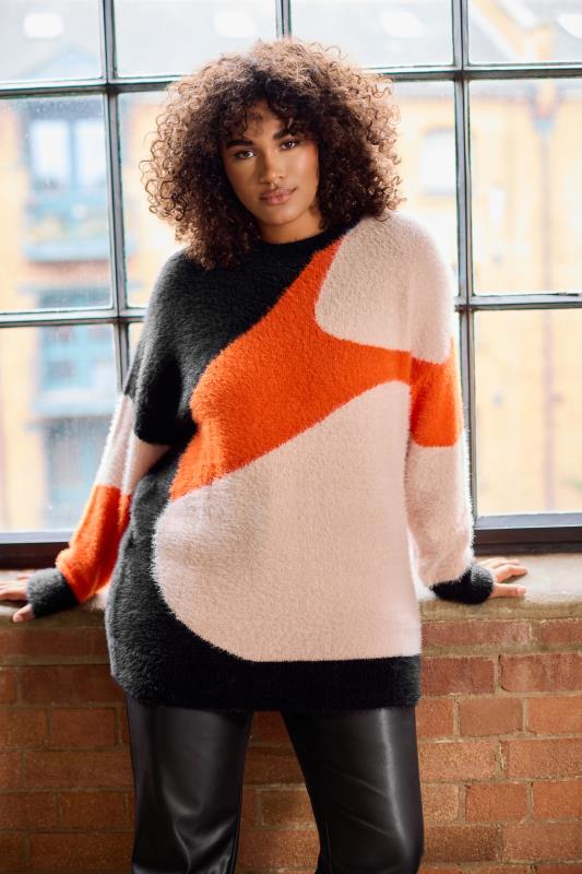 evans EVANS Curve Orange Colourblock Fluffy Knitted Jumper