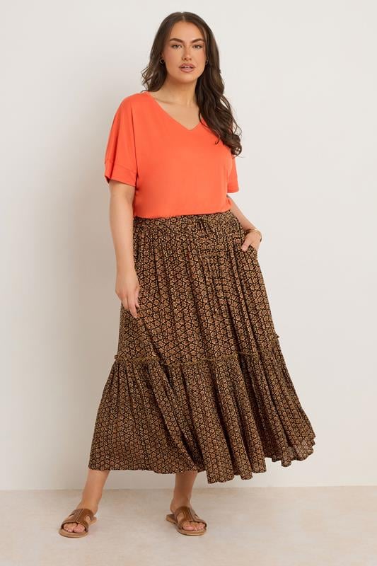 Evans EVANS Curve Orange Floral Print Tiered Crinkle Midi Skirt
