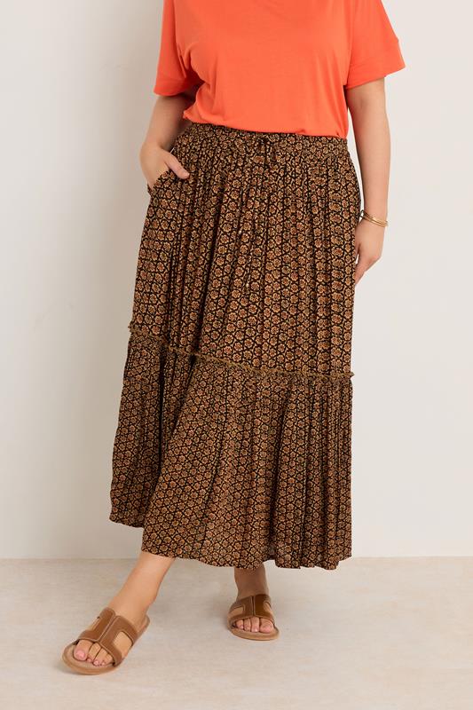 evans EVANS Curve Orange Floral Print Tiered Crinkle Midi Skirt