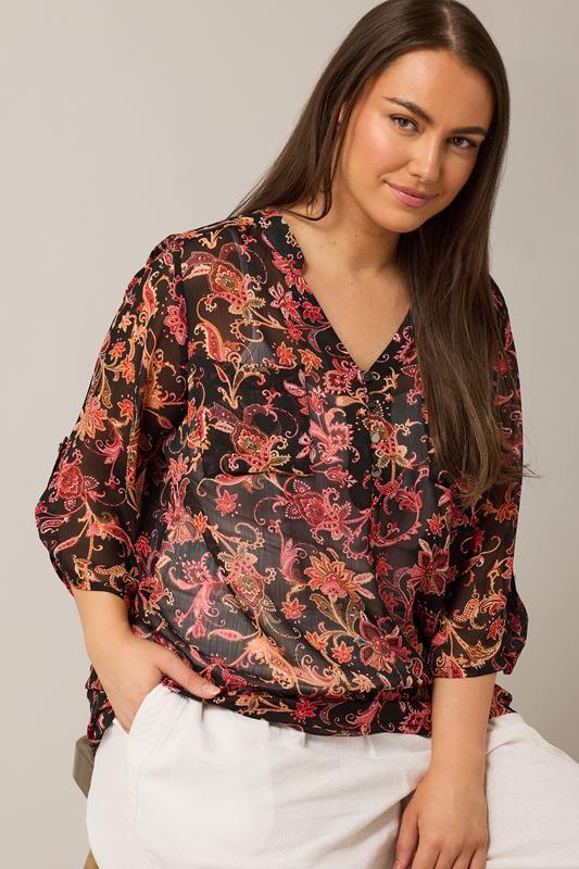 Evans EVANS Curve Orange Paisley Print Button Detail Blouse
