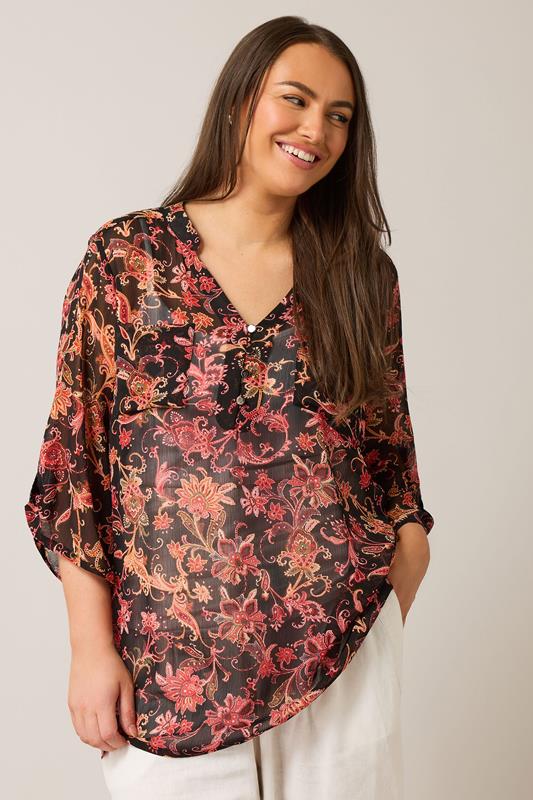 evans EVANS Curve Orange Paisley Print Button Detail Blouse
