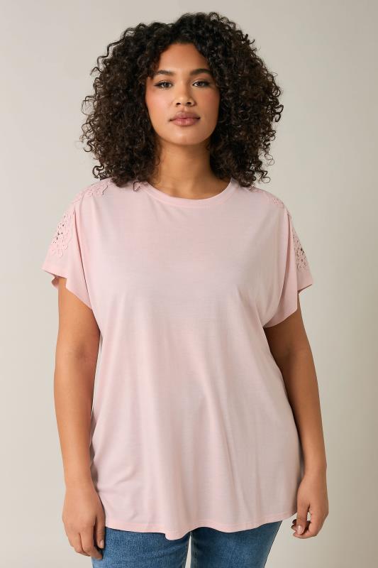 Evans EVANS Curve Pink Crochet Shoulder Modal Rich T-Shirt