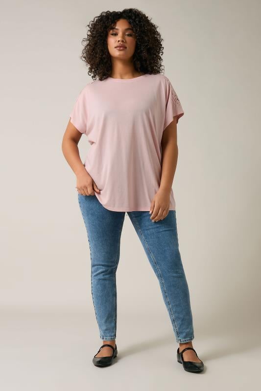 Evans EVANS Curve Pink Crochet Shoulder Modal Rich T-Shirt