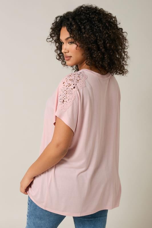 Evans EVANS Curve Pink Crochet Shoulder Modal Rich T-Shirt