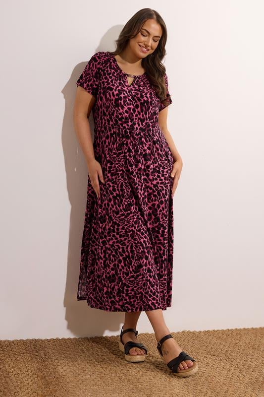 Evans EVANS Curve Pink Leopard Print Metal Trim Midaxi Dress