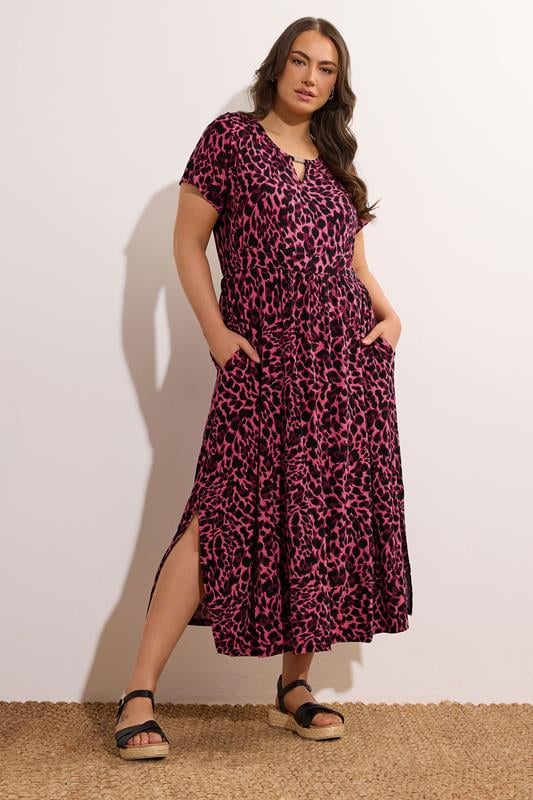 evans EVANS Curve Pink Leopard Print Metal Trim Midaxi Dress