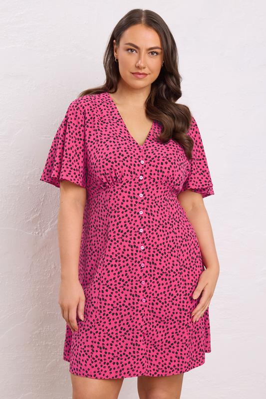 evans EVANS Curve Pink Spot Print Button Through Dress