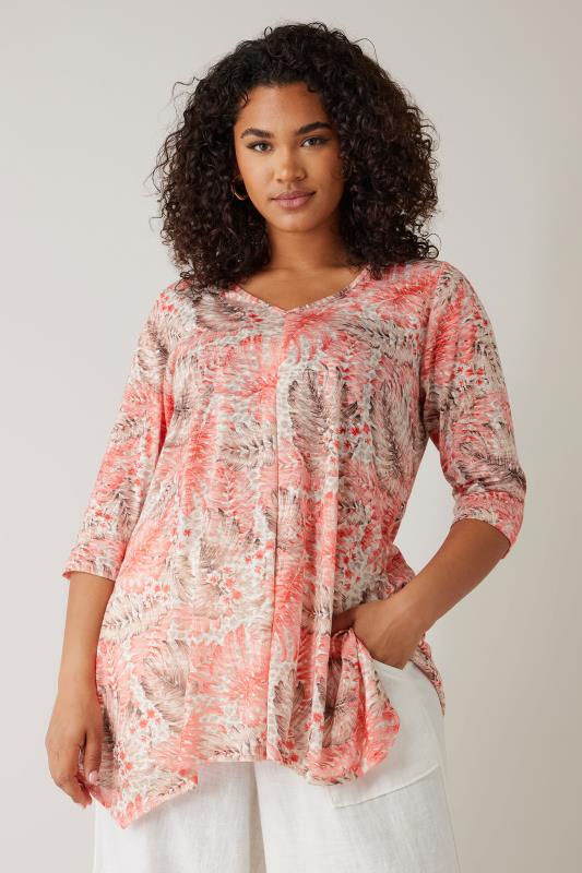 evans EVANS Curve Pink Tropical Print Hanky Hem Top