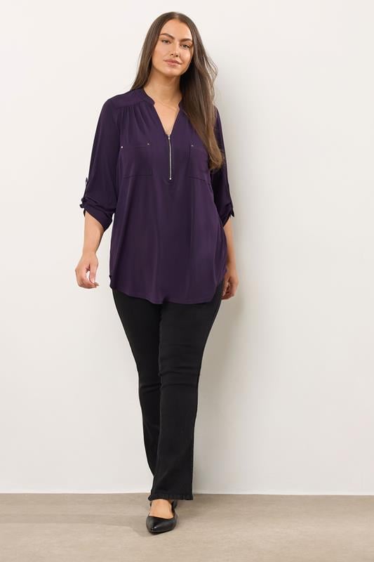 Evans EVANS Curve Plum Purple Zip Front Jersey Blouse