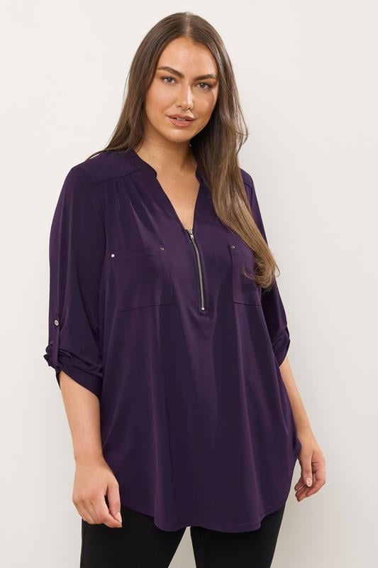evans EVANS Curve Plum Purple Zip Front Jersey Blouse