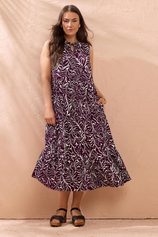evans EVANS Curve Purple Abstract Print Tie Neck Dress