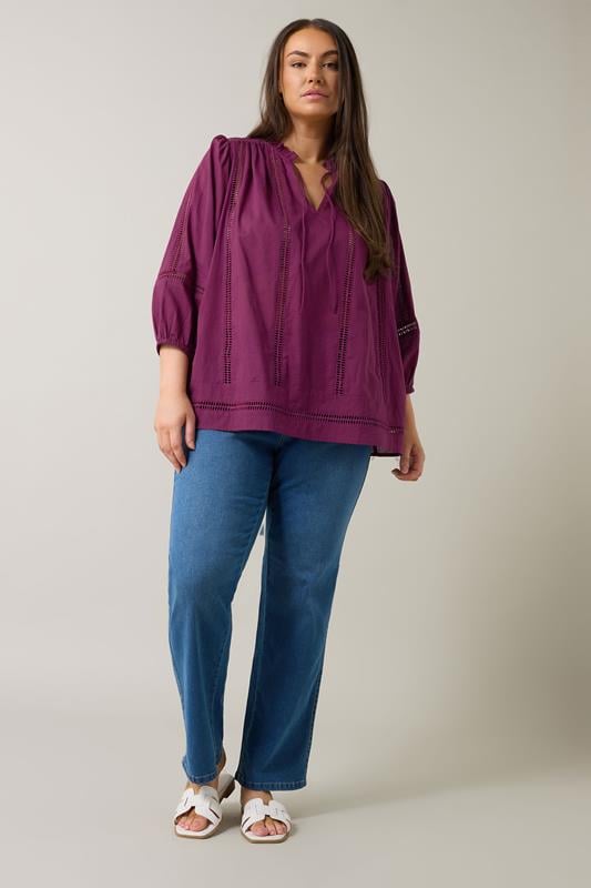 Evans EVANS Curve Purple Crochet Trim Tie Neck Blouse