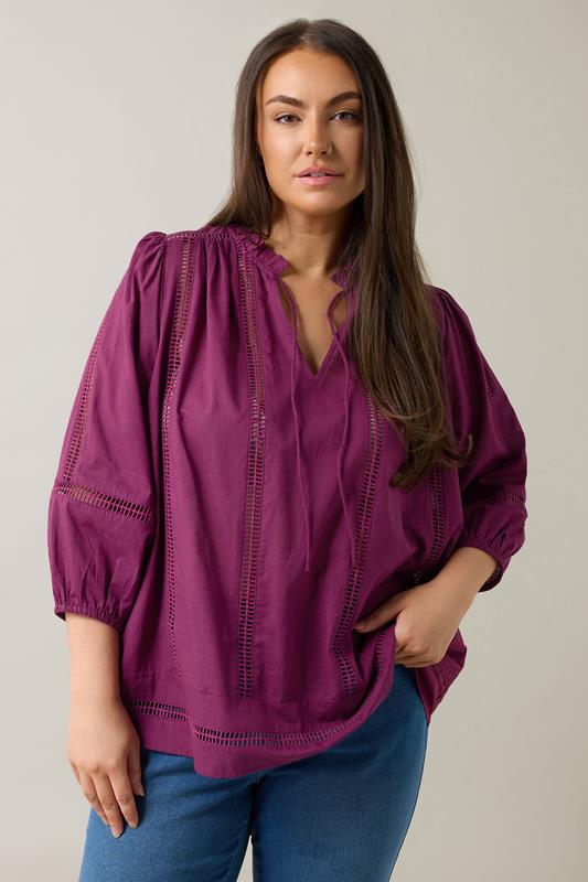 evans EVANS Curve Purple Crochet Trim Tie Neck Blouse