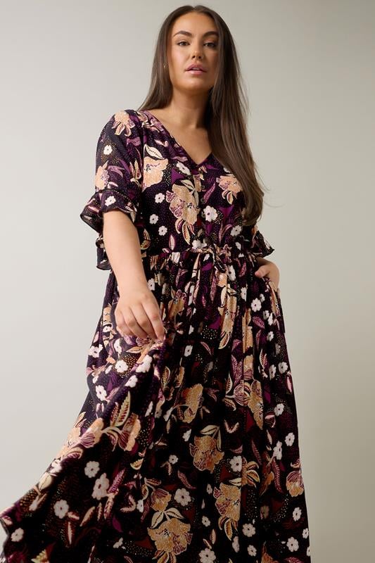 Evans EVANS Curve Purple Floral Print Crinkle Boho Dress