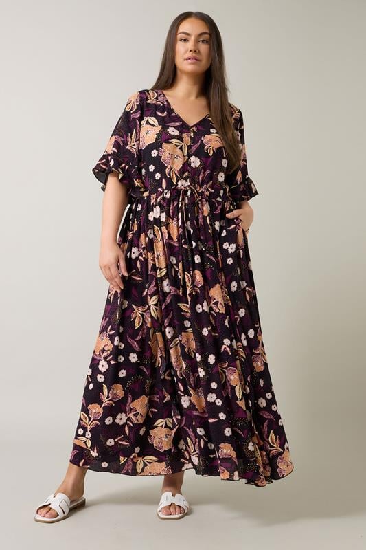 Evans EVANS Curve Purple Floral Print Crinkle Boho Dress