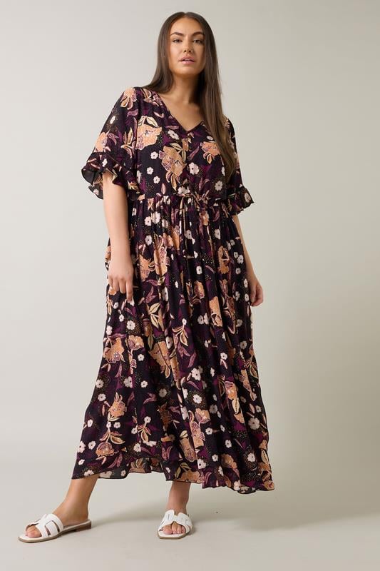 Evans EVANS Curve Purple Floral Print Crinkle Boho Dress