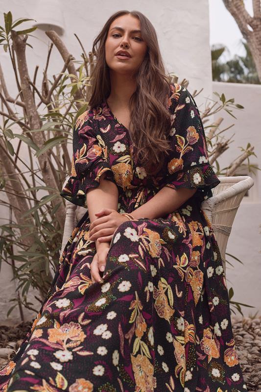 evans EVANS Curve Purple Floral Print Crinkle Boho Dress