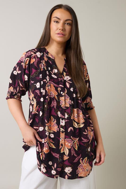 Evans EVANS Curve Purple Floral Print Pintuck Blouse